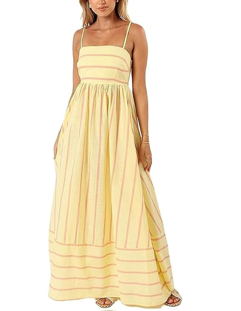 ABINGOO Women Striped Sleeveless Maxi Dress Backless Smocked Spaghetti Strap Boho Flowy Long Dres... | Amazon (CA)