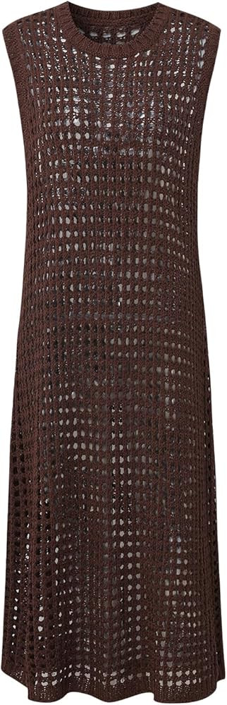 Women's Crochet Hollow Out Sleeveless Tank Dresses Crew Neck Cover Up Swimsuit A Line Midi Dress | Amazon (US)
