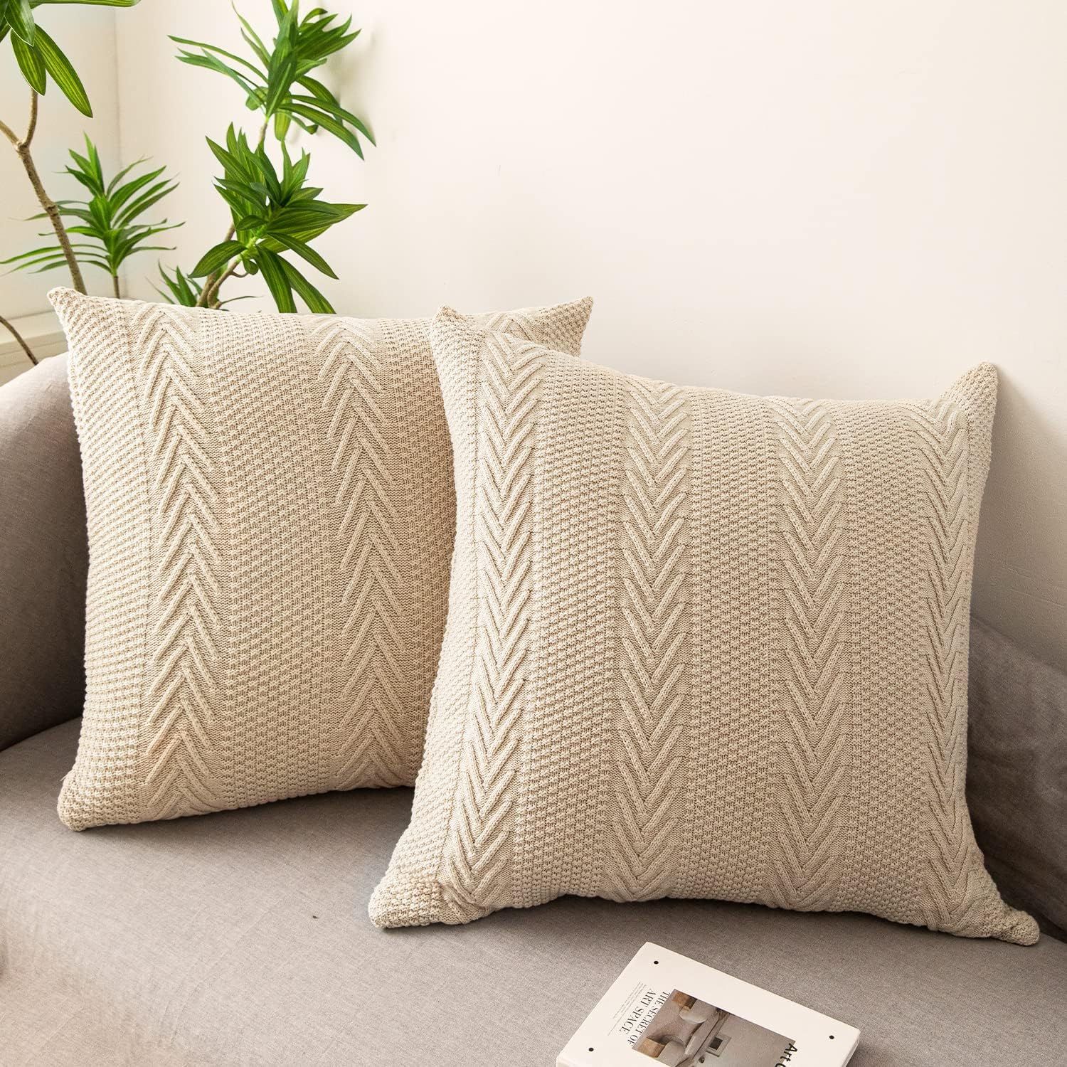 LiBcmlian Beige Knitted Throw Pillow Covers 24x24 Set of 2 Cotton Pillow Cushion Cases Cable Knit... | Amazon (US)