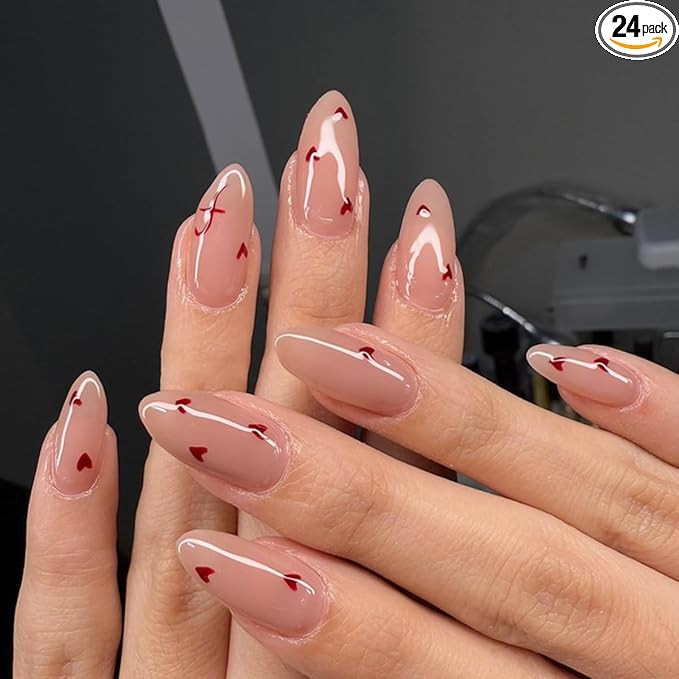 24 Pcs Valentine's Day Medium Almond Press on Nails YEFIUO Cute Glossy Love Heart Nail Tips Kit F... | Amazon (US)