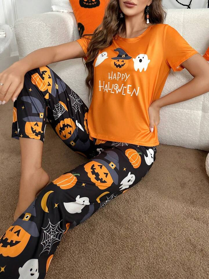 Halloween Pumpkin Ghost Letter Print Short Sleeve Pajama Set, Sleep Clothes | SHEIN