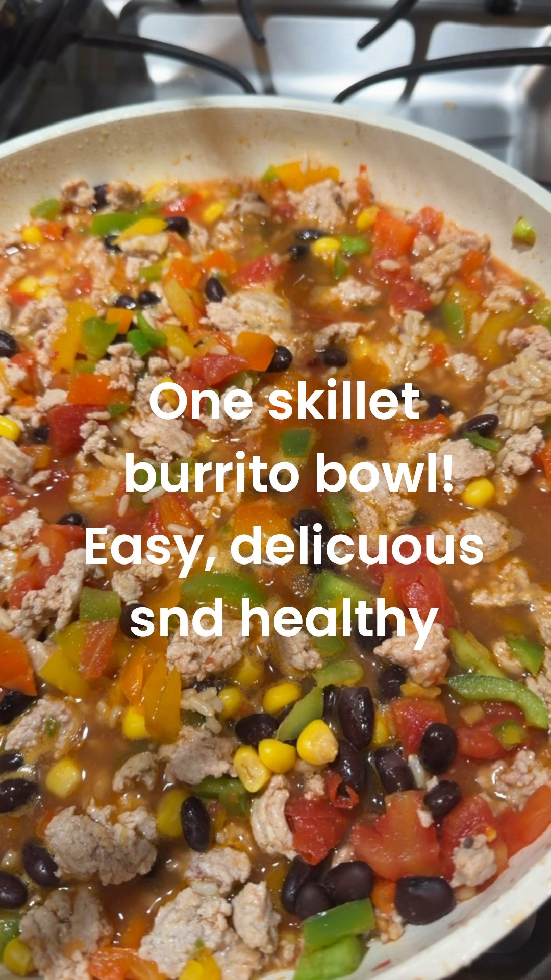 One skillet burrito bowl that’s healthy, easy, and perfect when you’re only cooking for 2 or 3. 🌯
This is one of those throw everything in the pan dinners that somehow tastes even better the next day, which makes it ideal for lunch leftovers. I used lean ground turkey and quick-cook brown rice to keep it lighter, but it’s super flexible with whatever you have on hand.
If you’re looking for an easy weeknight dinner, simple healthy recipe, or meal prep idea that doesn’t require a million dishes, save this one.

Olive oil cooking spray
2 bell peppers, diced
1 lb lean ground meat (I used ground turkey)
14.5 oz diced tomatoes
1/2 cup quick-cook brown rice (I love Aldi organic)
1 cup organic low-sodium chicken stock or broth
1/4 cup black beans
1/4 cup corn
1/2 tsp garlic powder
1/2 tsp chili powder
1/2 tsp cumin
2/3 cup shredded cheese
Fresh cilantro
Chopped green onion

Instructions
Coat a large skillet with olive oil spray and sauté meat until cooked through.
Add bell peppers and diced tomatoes; simmer 3–4 minutes.
Stir in rice, broth, beans, corn, and spices. Bring to a boil, then reduce heat, cover, and simmer 15–20 minutes (or according to rice package) until rice is cooked.
Remove from heat, add cheese, cover, and let melt for 5 minutes.
Adjust seasoning to taste. Top with cilantro and green onion and serve.
Optional toppings (highly recommend):
Olives, fresh lime, avocado, and plain Greek yogurt 🤌

#EasyWeeknightDinner #HealthySkilletMeal #BurritoBowlRecipe #SimpleHealthyMeals #MealPrepFriendly