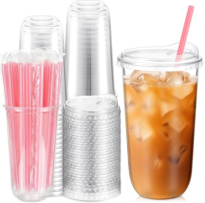 Ziliny 25 Sets Plastic Cups with Pink Heart Straws and Lids, Clear, 20 oz | Amazon (US)