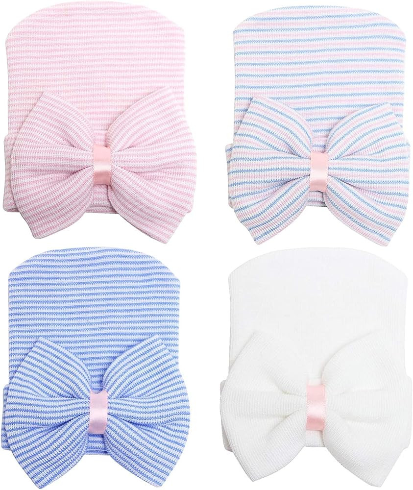DRESHOW BQUBO 4 Pack Newborn Hospital Hat Infant Baby Hat Cap with Big Bow Soft Cute Knot Nursery... | Amazon (US)