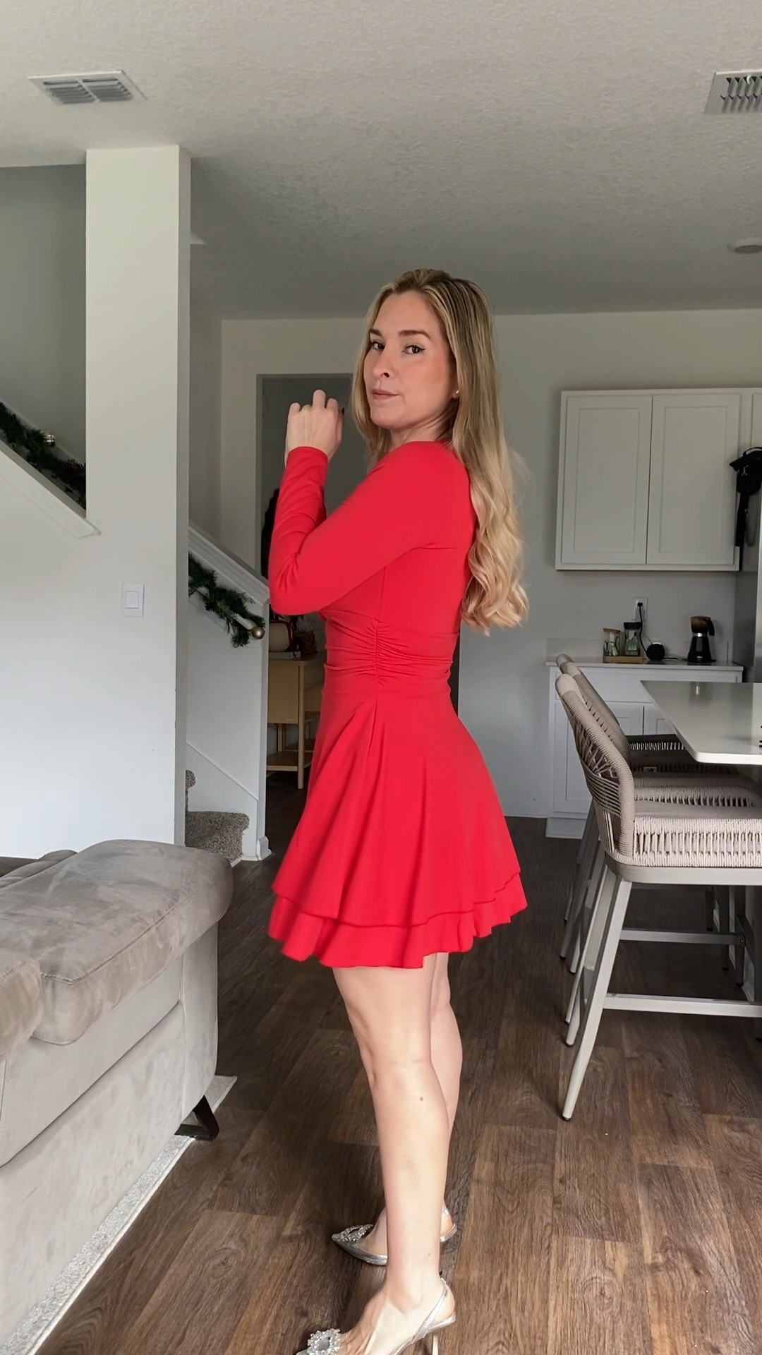 This dress is body-hugging with a stretchy, lycra-like fabric that shapes your figure perfectly. Tell me do you like it better with tights or without?  I’m Size small for reference. 135 lbs . 5.4”h  the link of the dress is in my TikTok shop . 

#LTKootd