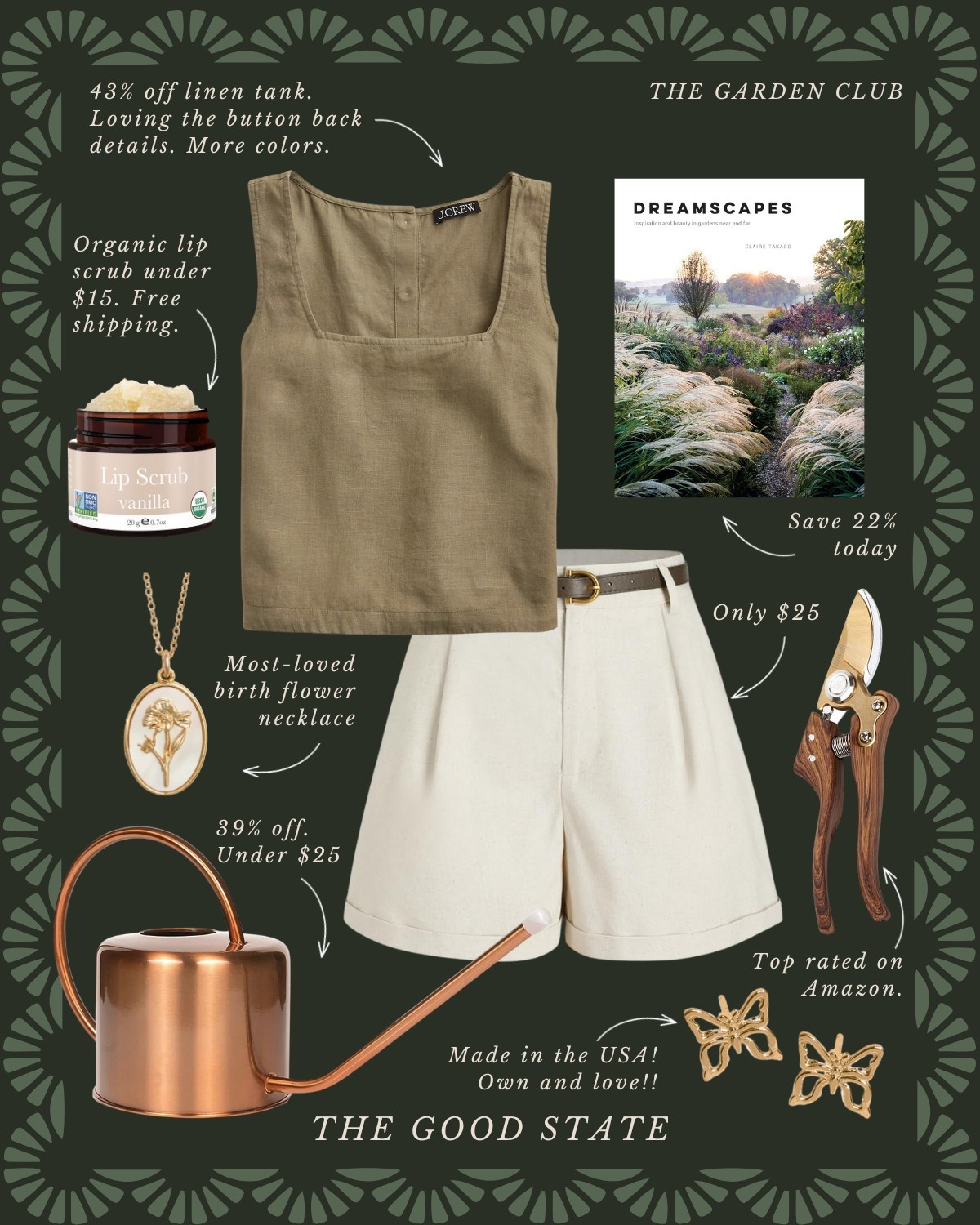 This collection is for the garden girlies who find joy in being outside—rain or shine. For the ladies dressing a little brighter this time of year, wearing all the florals, and who have (or need) a cute rain jacket or colorful umbrella to make rainy days a little happier. This collection is for the ladies giving gardening a try for the first time or those tending to the same garden they have poured their heart and soul into for years. For those cultivating the soil of their hearts and homes too. For the girlies who love earth tones and blooming colors too. 

The good state, Lauren England, terrain, Anthropologie, Amazon, Amazon home, Amazon beauty, spring fashion, summer fashion, maxi dress, casual outfit, crochet top, gardening, flowers, florals, spring outfit, wreath, pottery barn, nordstrom, coffee table book, LL Bean, clean beauty, wedding guest dress, bag, tote, purse, woven purse, rain boots, Sunhat, flat, JCrew JCrew factory, white dress, sunglasses, quince, gold necklace, summer outfit, summer style, summer fashion, sale, ootd, 

#LTKStyleTip #LTKSaleAlert #LTKFindsUnder50