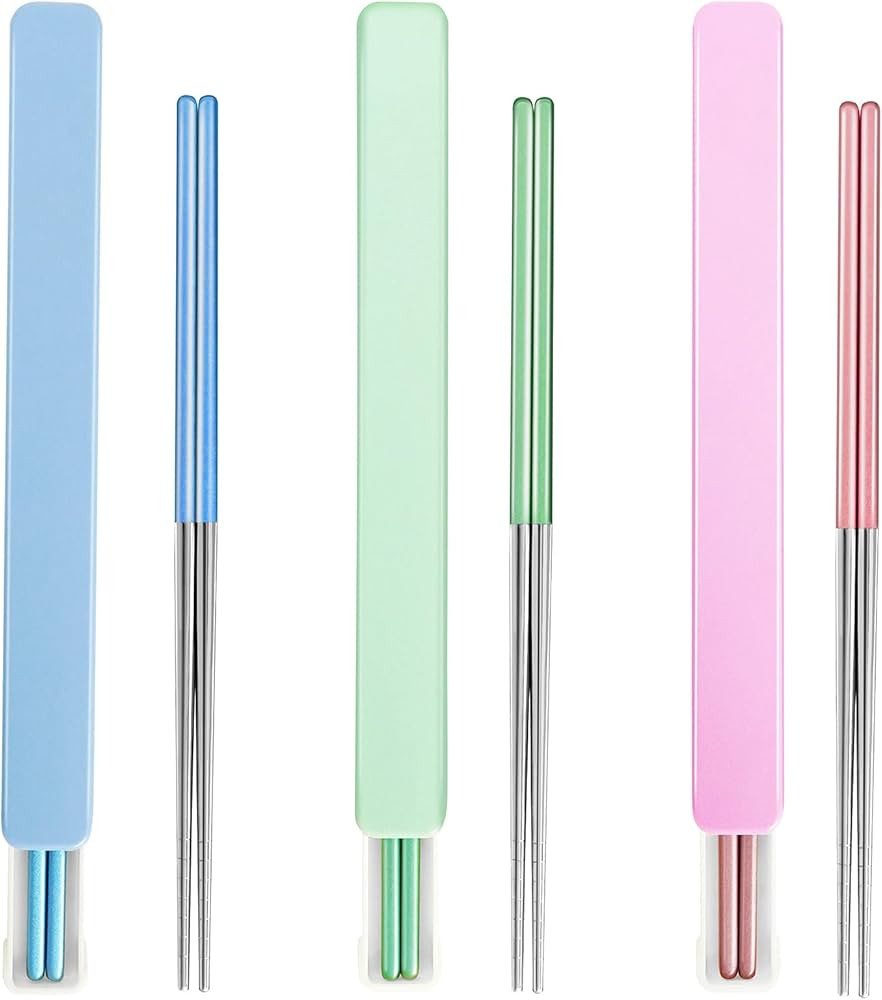 Metal Chopsticks With Case Reusable Dishwasher Safe Square Lightweight Non-Slip Chop Sticks Porta... | Amazon (US)