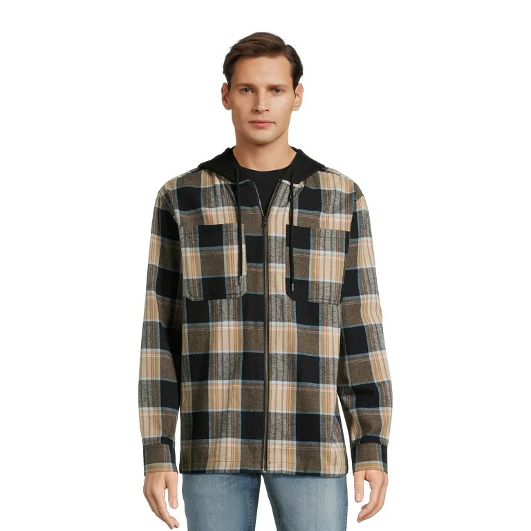 No Boundaries Men’s & Big Men’s Zip Hooded Flannel Shirt, Sizes XS-5XL | Walmart (US)