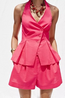 Zara Co Ord Set High Waist Linen Blend Shorts Open Back Waistcoat M Bloggers | eBay UK