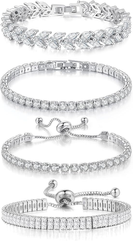 4 Pcs Tennis Bracelet Set Silver Plated Marquise Cubic Zirconia CZ Diamond Dainty Adjustable Silv... | Amazon (US)
