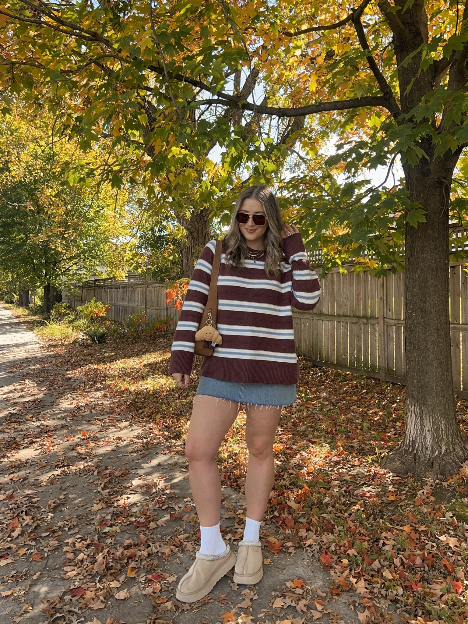 Casual fall outfit! Code AFLTK for extra 20% off Abercrombie! Sized up to XL in the striped sweater for an oversized fit. I bought this Abercrombie denim skirt last year in a size 32, if I was repurchasing I would get a 30 or 31. I’m a 30 in their jeans! Ugg Tazz platforms are so comfy and TTS