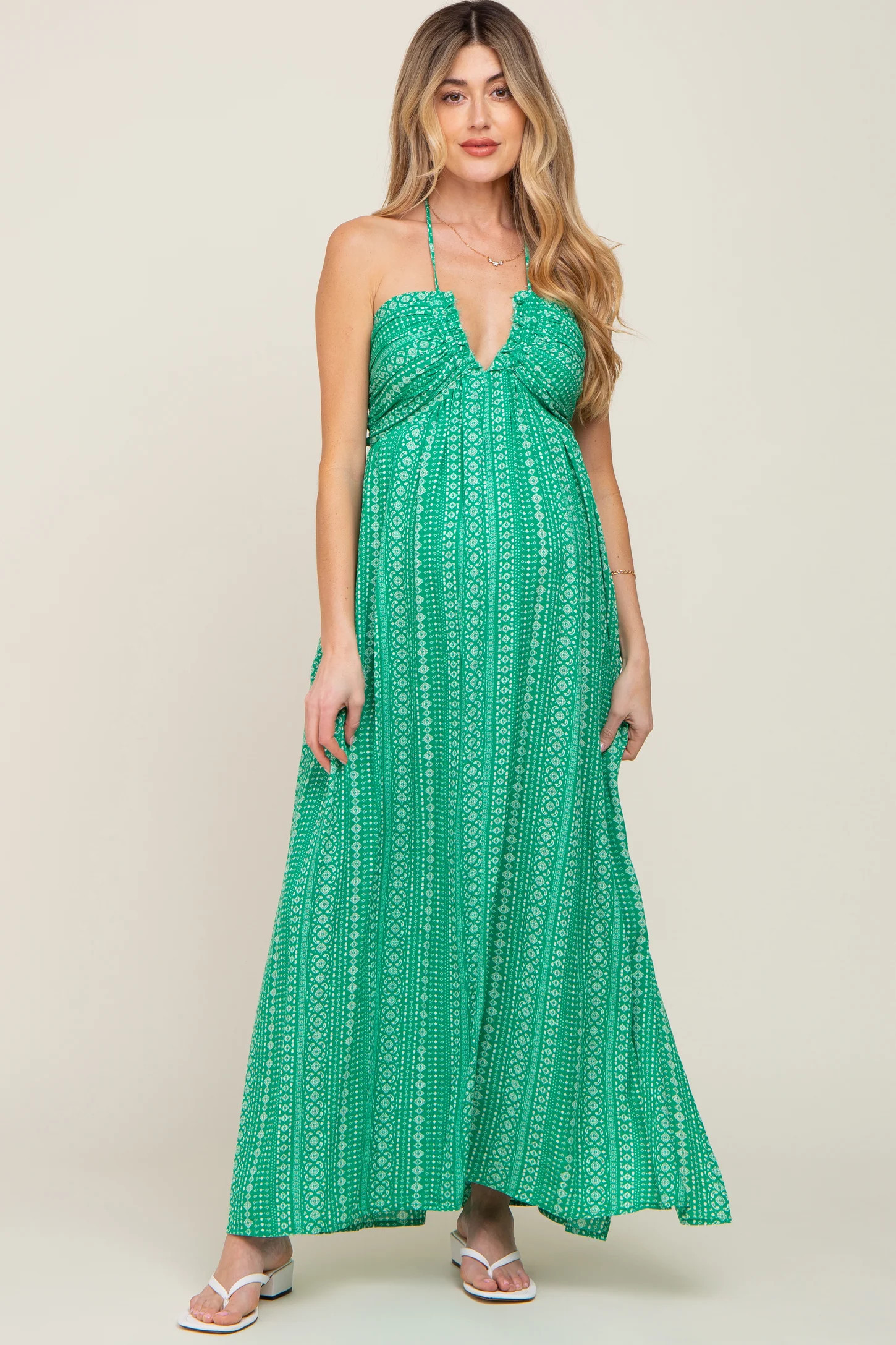 Green Halter Printed Side Slit Maternity Maxi Dress | PinkBlush Maternity