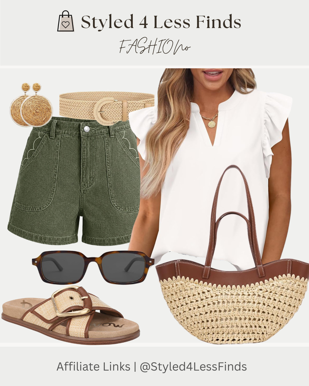 Easy Summer Style, Elevated

This outfit is proof that simple pieces can make the biggest statement. The flutter sleeve blouse paired with olive scallop-detail shorts creates the perfect balance of feminine and casual, while the woven accessories add that effortless vacation-inspired feel. 🤍🌿

Style Tip: When wearing shorts, create a longer, leaner silhouette by choosing a top with a soft drape and adding accessories in similar neutral tones. Mixing textures like woven straw, raffia, and denim-inspired fabrics adds interest without overwhelming the look. 

 #LTKcanada #LTKsummer #LTKover50style