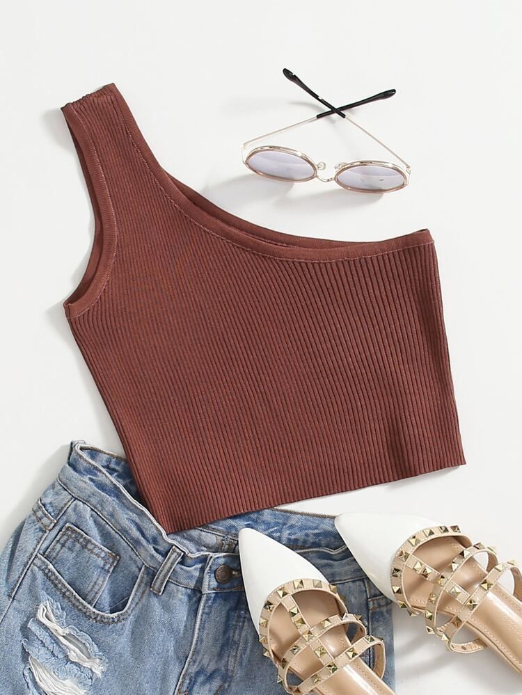 One Shoulder Ribbed Knit Top | SHEIN