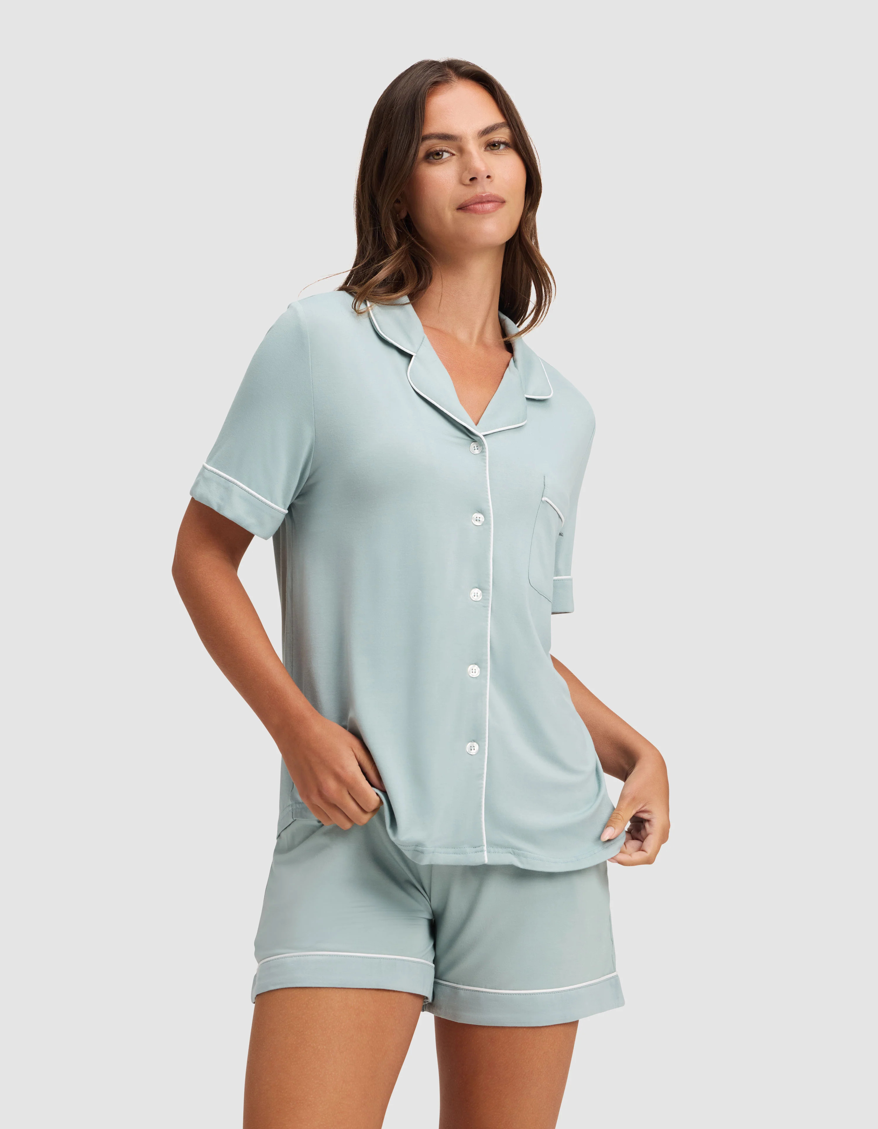 Women's Bamboo Viscose Stretch-Knit Short Sleeve Shirt Pajama Top in Brook (Size: XS) - Cozy Earth | Cozy Earth