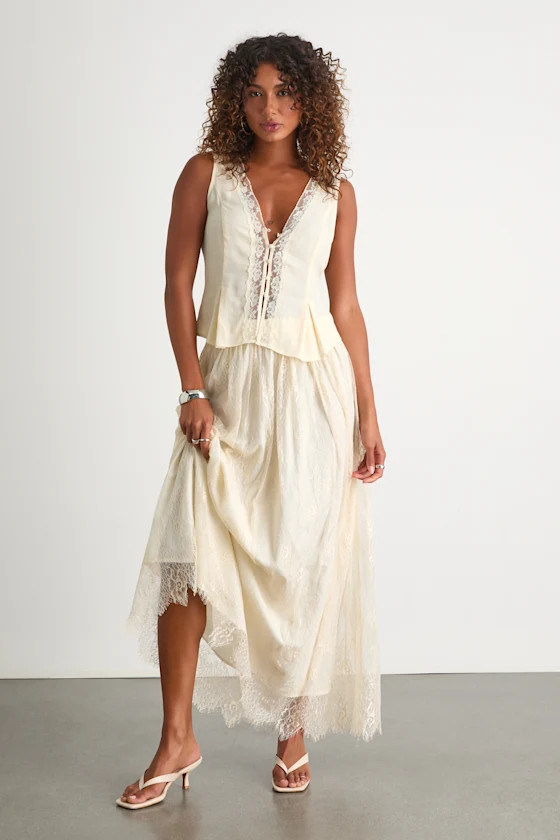 Amanda Ivory Eyelash Lace High-Rise Maxi Skirt | Lulus