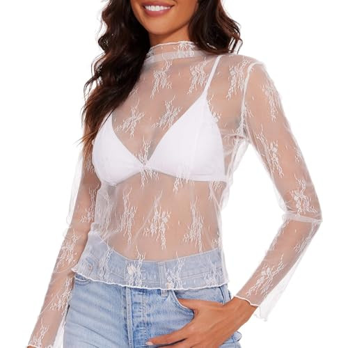 WHIPPY Womens Lace Long Sleeve Mesh Top Mock Neck Sheer Blouse Layering See Through Shirt Floral Embroidery Tops, White, S | Amazon (US)