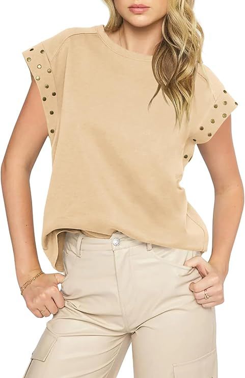 Tankaneo Women's Summer Cap Sleeve Tops Casual Loose Fit T Shirts Oversized Studded Vintage Tees | Amazon (US)