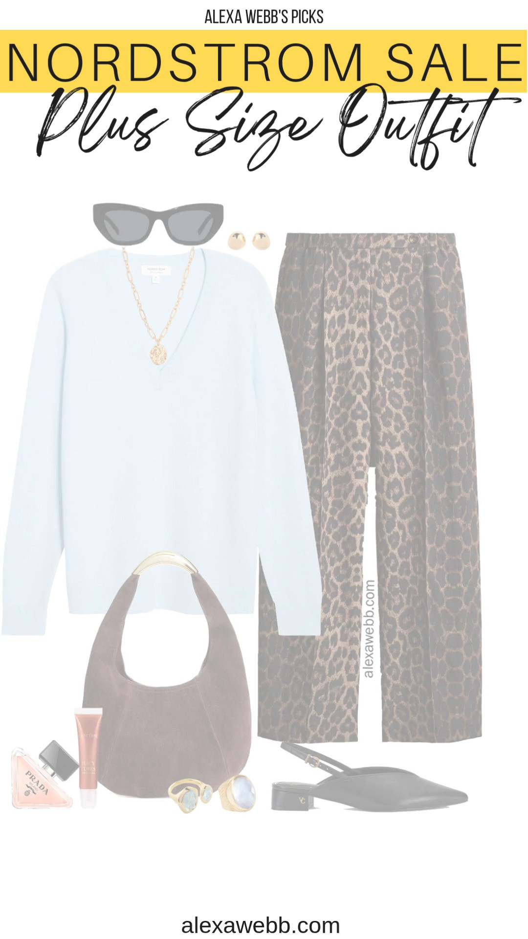 2026 Nordstrom Anniversary Sale – Plus Size Leopard Pants Outfits - Oh I love these NSale pants!  Great price!  Plus, I found some great alternatives.  Top the leopard print pants with a light blue cashmere v-neck sweater.  So cute for work or play!  Alexa Webb #nsale #plussize 

 #LTKOver40 #LTKSaleAlert #LTKPlusSize