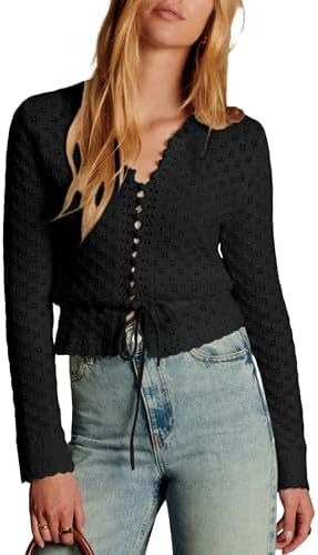 Bianstore Womens Casual Long Sleeve Crewneck Crochet Cardigan Lightweight Hollow Out Tie Front Kn... | Amazon (US)