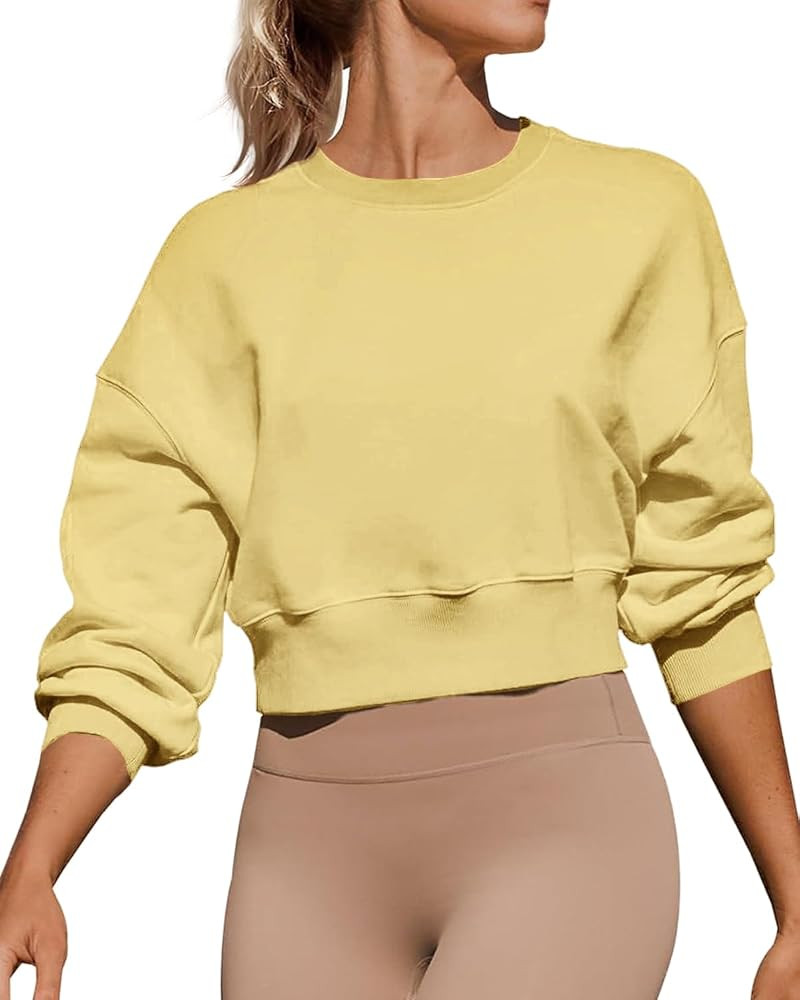 Women's Long Sleeve Round Neck Cropped Sweatshirts Loose Pullover | Amazon (US)