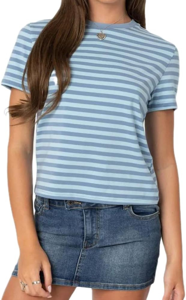 Women Y2K Striped T-Shirt Short Sleeve Crew Neck Crop Top Basic Baby Tees Vintage Going Out Crop ... | Amazon (US)