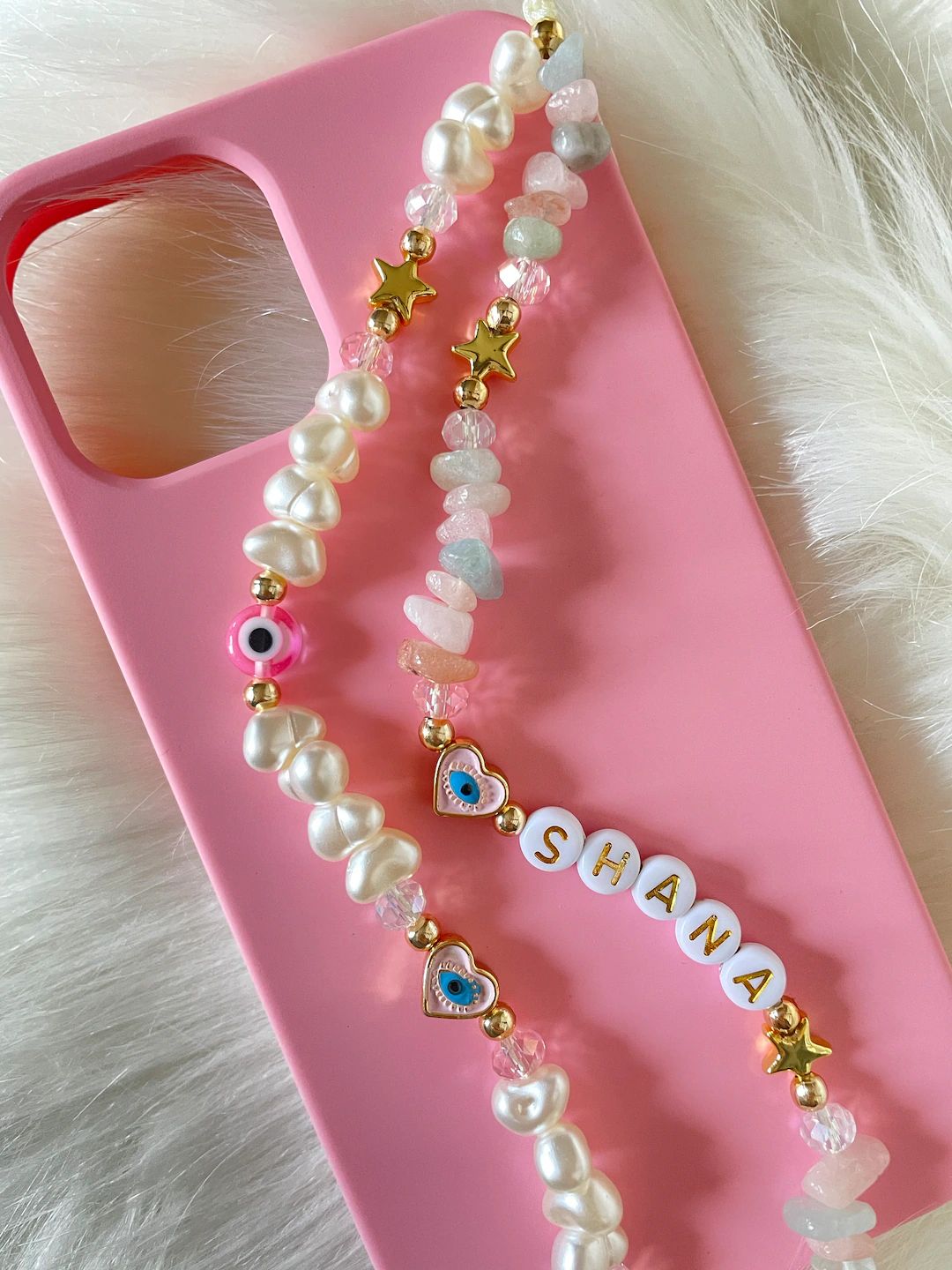 Personalized Gemstone Phone Strap, Customizable Pearl Beaded Phone Charm, Crystal Phone Wristlet ... | Etsy (US)