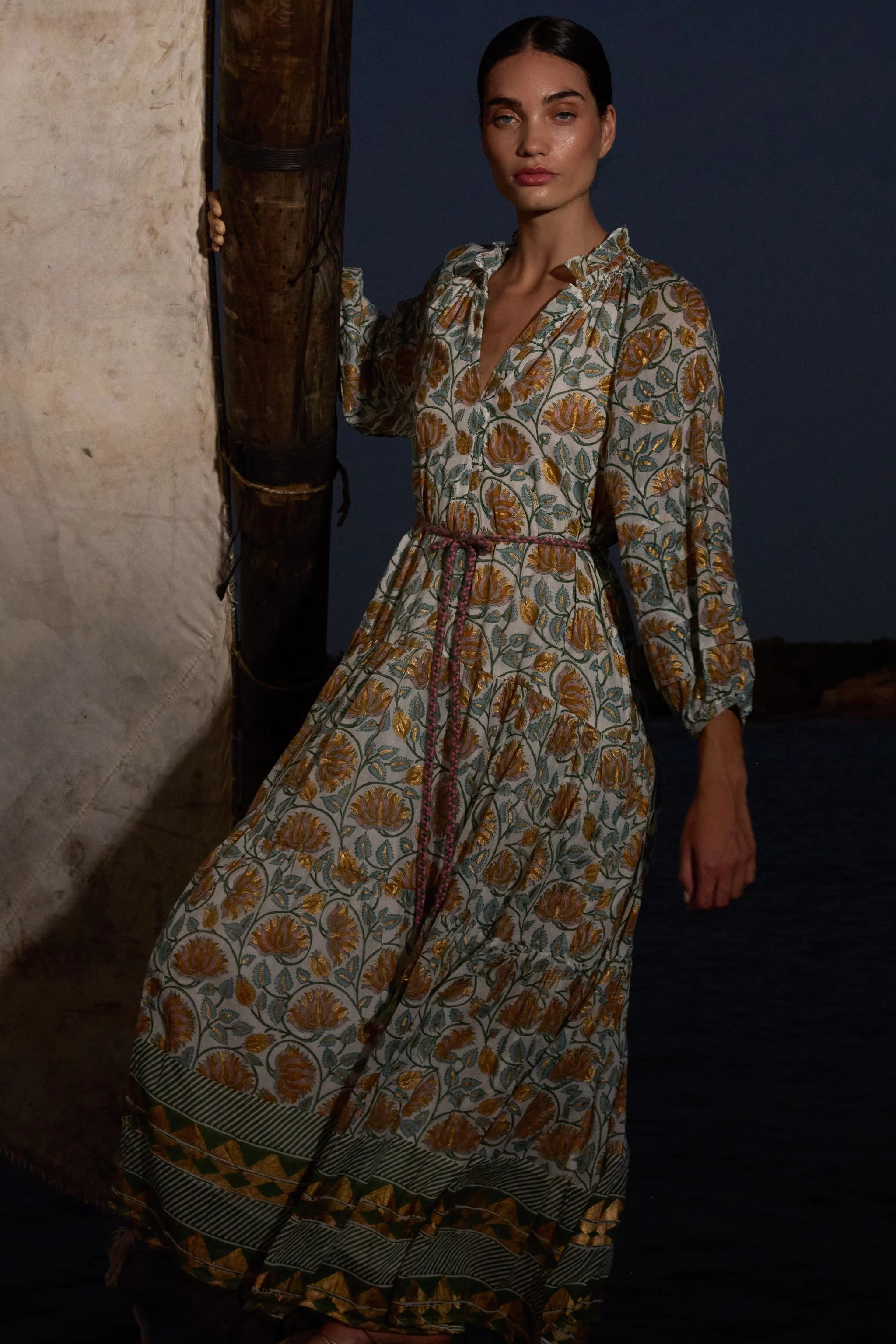 Cuff Sleeve Tie Waist Maxi- Montenegro Green | Oliphant Design