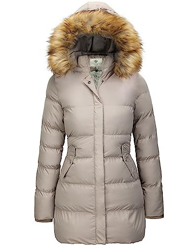 WenVen Women's Winter Thicken Puffer Coat with Fur Removable Hood (Khaki,2XL) | Amazon (US)
