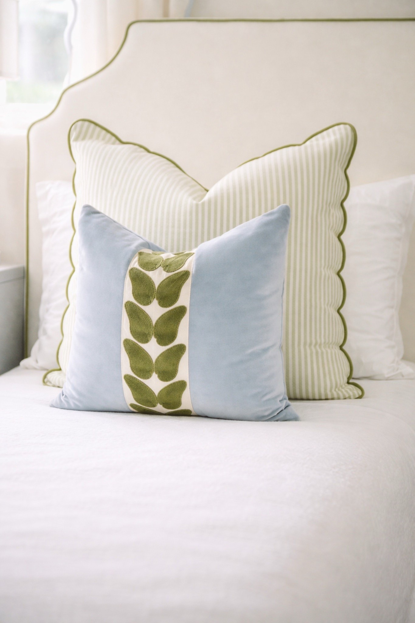 preppy bedding, coastal bedding, layered pillows, decorative pillows, scalloped pillows, green striped pillows, blue accent pillow, embroidered pillow, botanical pillow, leaf pattern pillow, statement pillow, throw pillows styling, upholstered headboard, scalloped headboard, green trim headboard, classic bedroom details, southern style decor, coastal grandma aesthetic, clean girl aesthetic, feminine bedroom decor, chic bedding, polished home decor, white bedding, crisp white sheets, soft textures, cozy bedding, luxury bedding look, preppy home decor, aesthetic bedroom, bedroom inspo, home inspo, LTK home, pottery barn style, serena and lily inspired, target home decor, amazon home finds, classic coastal style, light and airy bedroom, fresh bedroom decor, spring bedroom, summer bedroom, soft color palette, pastel bedroom, green and blue color scheme, timeless decor, curated bedroom, elevated basics, cozy and chic, inviting bedroom, calm bedroom vibes, college dorm, dorm decor, dorm room decor, dorm inspo, dorm bedding inspo, preppy dorm, coastal dorm, sorority dorm, bama dorm, university of alabama dorm, college dorm inspo, college apartment decor 

 

#LTKU #LTKHome #LTKSaleAlert #LTKmomlife #LTKSeasonal #LTKMothersDay