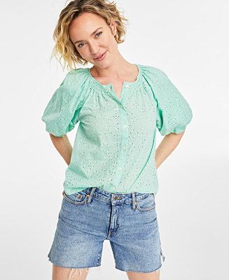 On 34th Women's Eyelet Puff-Sleeve Top, Created for Macy's - Macy's | Macy's