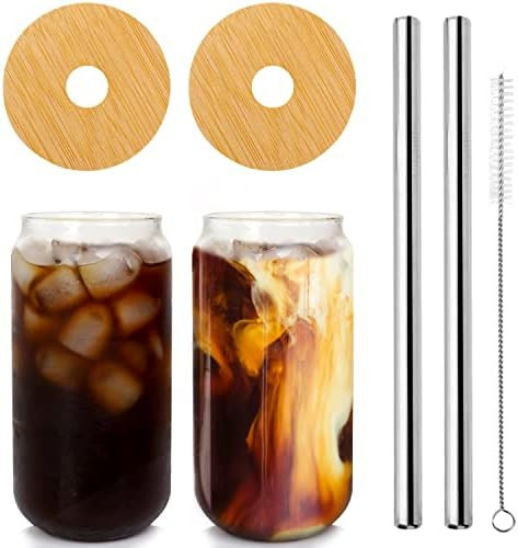 Beer Can Glass with Lids and Straw, Can Shaped Glass Cups, 20OZ Glass Cups, Drinking Glasses, Ice... | Amazon (US)