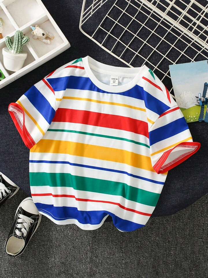 SHEIN Tween Boy Loose Fit Casual Rainbow Striped Round Neck Short Sleeve T-Shirt | SHEIN