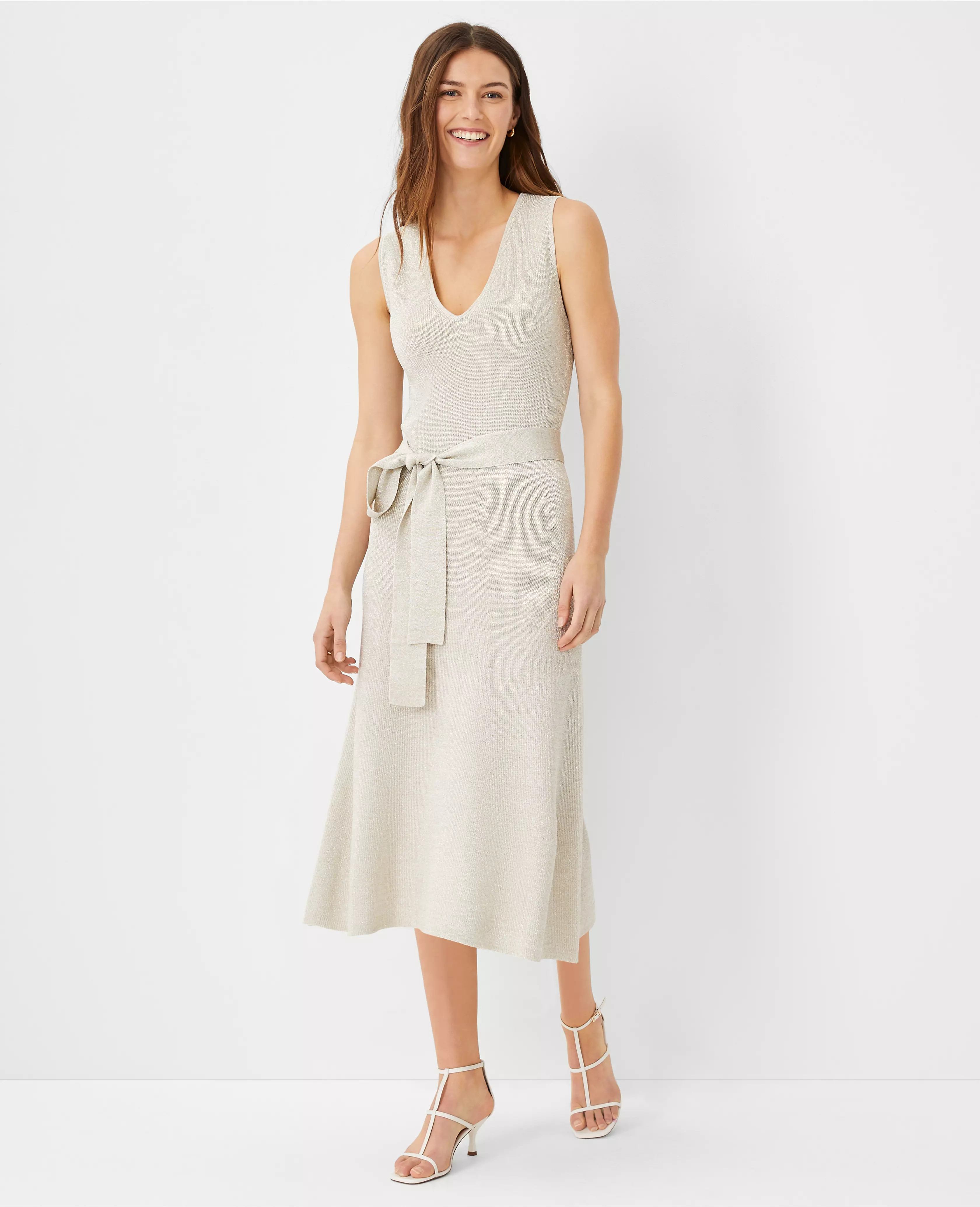 Shimmer Belted V-Neck Sweater Dress | Ann Taylor (US)