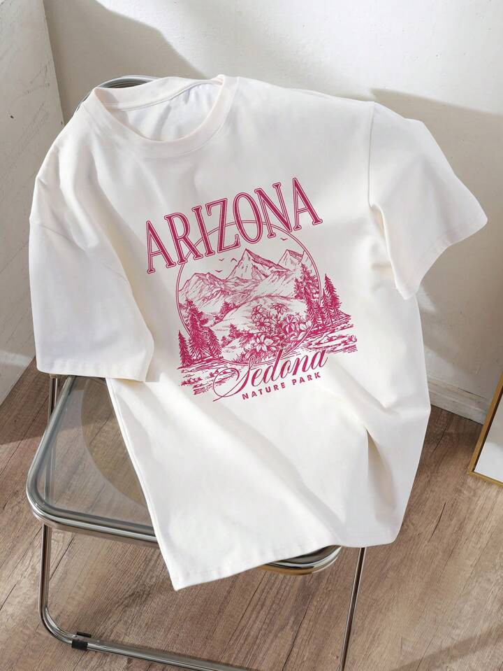 Teen Girl Retro 90s Print T-Shirt, Leisure Simple Letter And Scenery Pattern Short Sleeve T-Shirt... | SHEIN