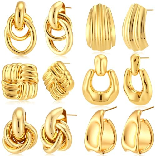 6 Pairs Chunky Gold Statement Earrings Set for Women Gold Geometric Hoop Dangle Earrings Knot Flower Stud Drop Trendy Gift(Trendy Knot) | Amazon (US)