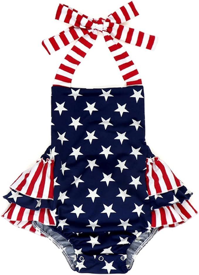 Baby Girls 4th of July Outfits Stars Stripe Print Halter Strap Romper Ruffled Bodysuit One-Piece ... | Amazon (US)