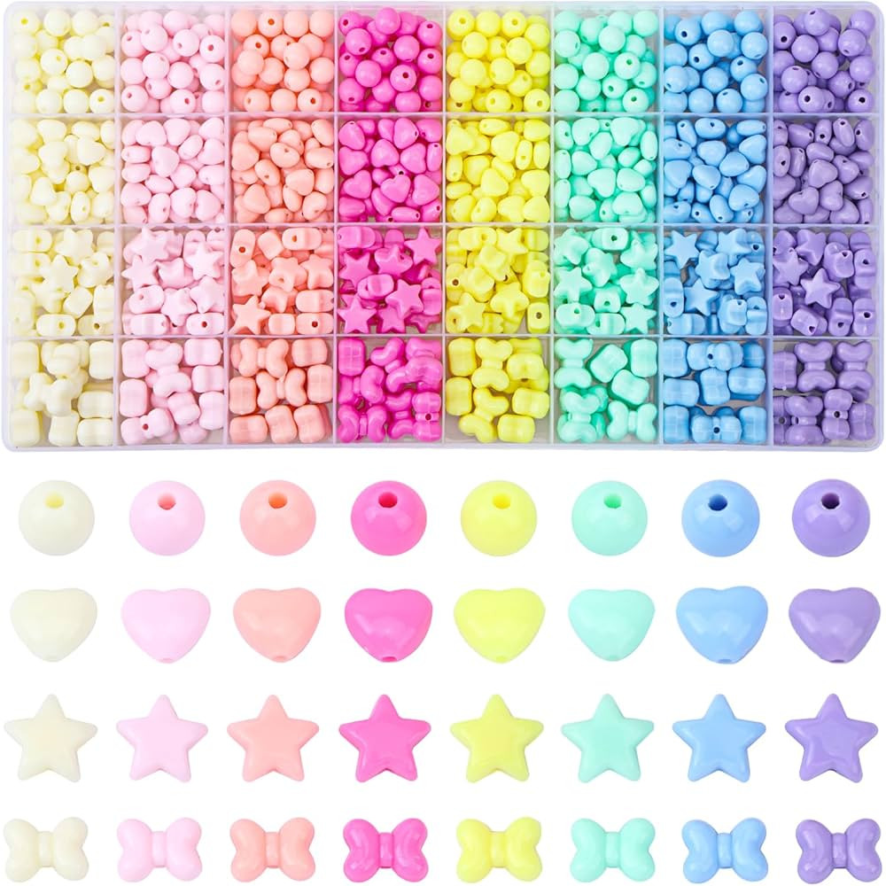 QUEFE 800Pcs Colorful Pastel Beads Heart Beads Star Beads Candy Color Round Beads Kit, Assorted C... | Amazon (US)