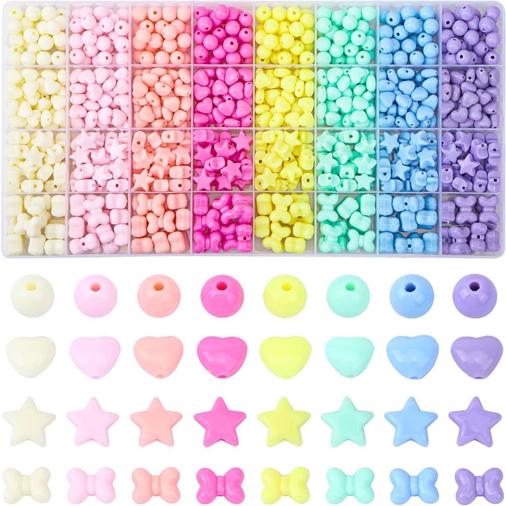 QUEFE 800Pcs Colorful Pastel Beads Heart Beads Star Beads Candy Color Round Beads Kit, Assorted C... | Amazon (US)