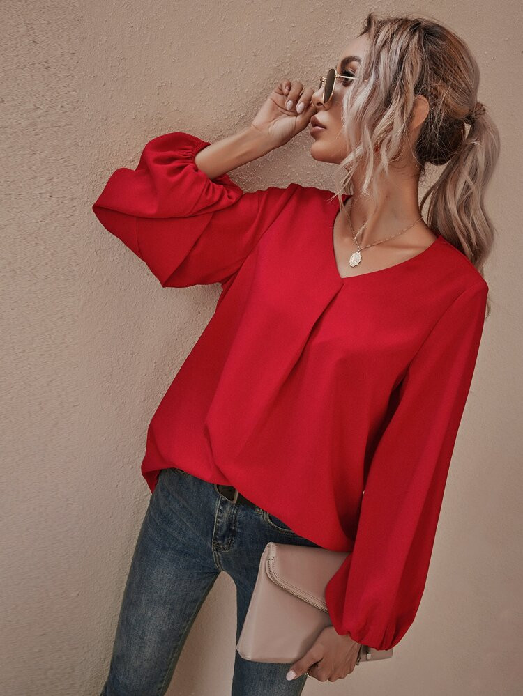 V Neck Lantern Sleeve Solid Blouse | SHEIN