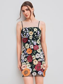 CIDER Mini Dress Floral Embroidery Jacquard Square Neck Sleeveless High Waist Party Club Vacation | Amazon (US)