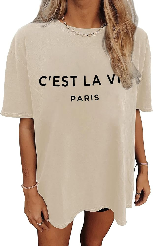 CSDAJIO Women's Casual Short Sleeve Loose Shirt Oversized T-Shirt Trendy Going Out Crew Neck Summ... | Amazon (US)