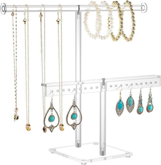 Jewelry Stand Organizer, 2-Tier Necklace Holder Acrylic T-bar Jewelry Display Tower for Hanging N... | Amazon (US)