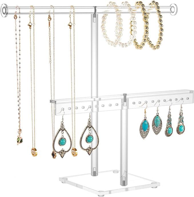 Jewelry Stand Organizer, 2-Tier Necklace Holder Acrylic T-bar Jewelry Display Tower for Hanging N... | Amazon (US)