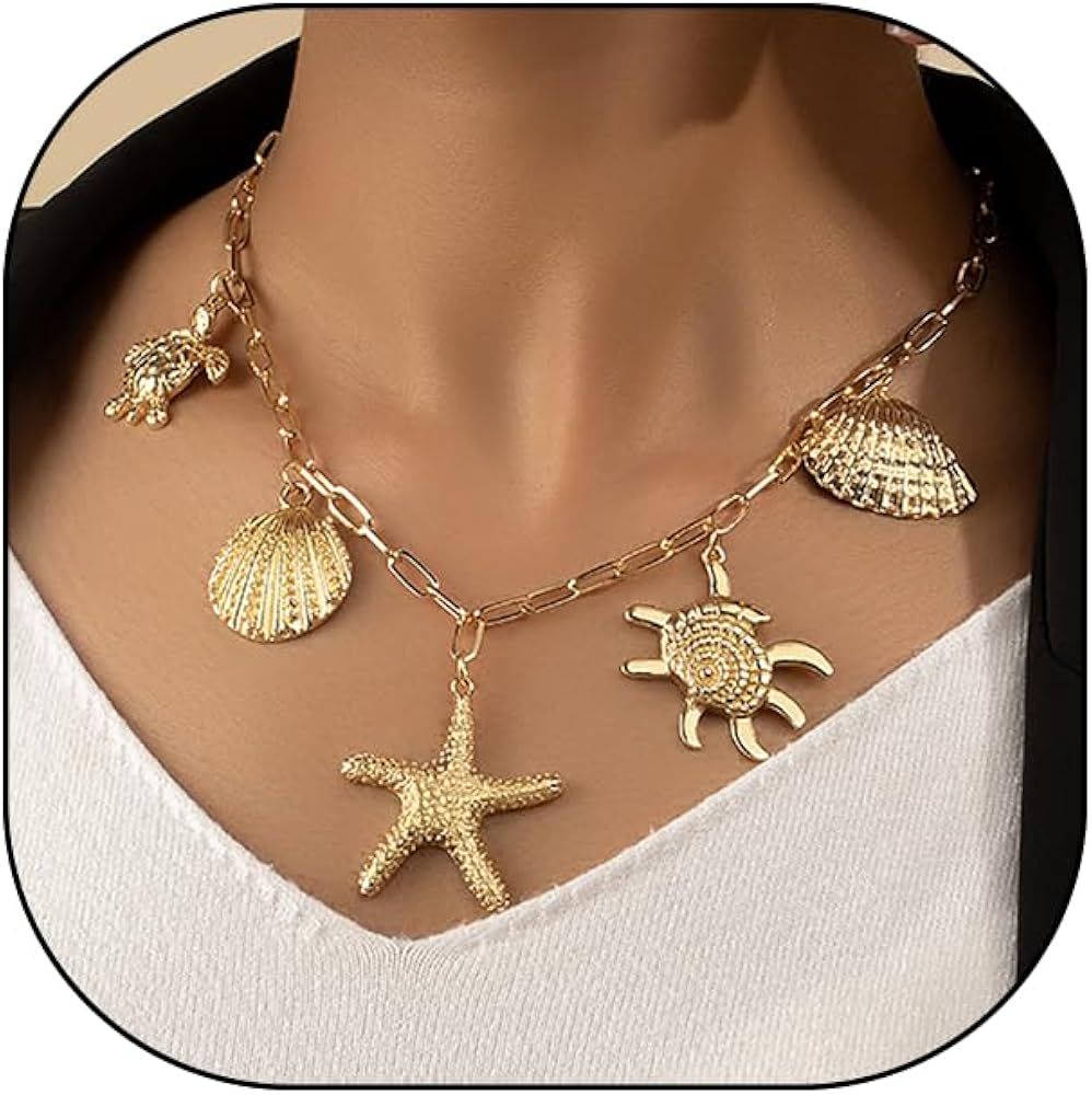 Rrdaily Gold Shell Starfish Choker Necklaces,Beach Scallop Statement Pendant Necklaces, Trendy Ho... | Amazon (US)