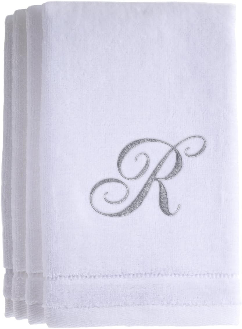 Monogrammed Towels Fingertip, Personalized Gift, 11 x 18 Inches - Set of 4- Silver Embroidered Towel - Extra Absorbent 100% Cotton- Soft Velour Finish - For Bathroom/ Kitchen/ Spa- Initial R (White) | Amazon (US)