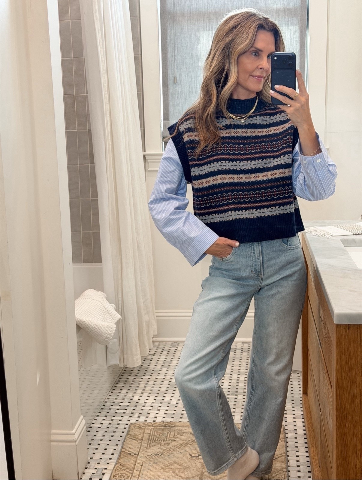 -twofer vest is gorgeous! TTS 
-Spanx jeans have a great fit with shaping tech! TTS IM 5’6”
-loafers TTS 
-cashmere scarf is a steal from Quince
-suede jacket sz S. She’s a classic piece! 

#LTKFindsUnder100 #LTKootd #LTKOver40