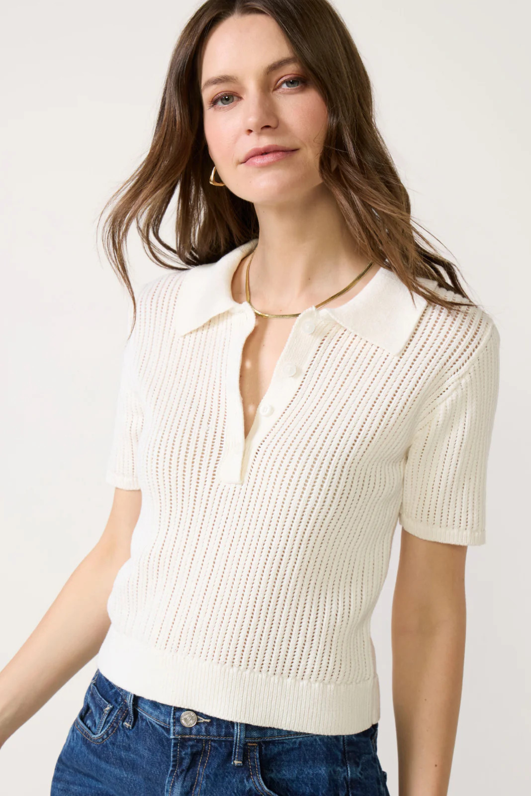 EVEREVE Women's Dehlia Open Stitch Polo Sweater Top, Size Large, Ivory White | Evereve