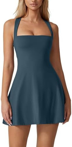 QINSEN Womens Square Neck Tennis Dress Sleeveless Built in Shorts Golf Athletic Dress with Pocket... | Amazon (US)