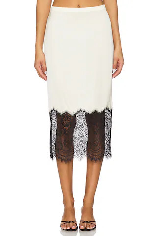 Good American Satin Lace Slip Midi Skirt in Ecru003 from Revolve.com | Revolve Clothing (Global)